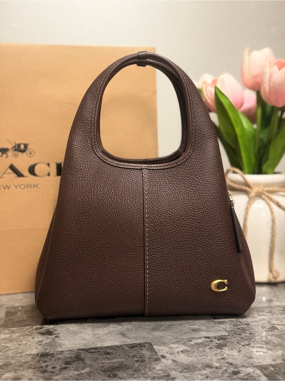 Coach Dark Brown Pebbled Leather Mini Tote with Gold Accent